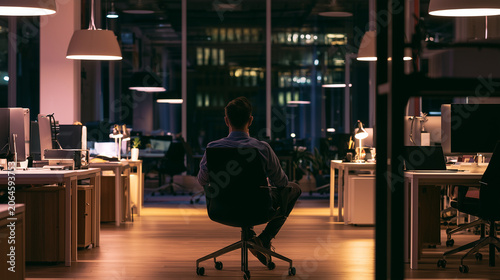 Man sitting alone in open-plan office after everyone has gone home , burnout work , sad work, work late, alone man working in the office, photo style