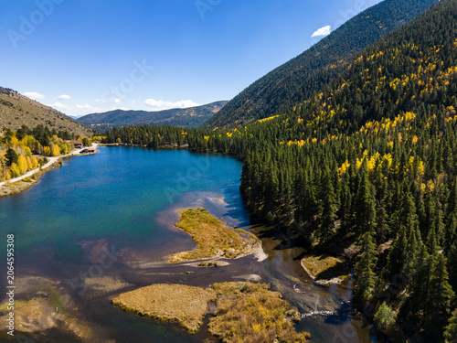 Colorado Mountain Lake Aerial with Fall Colors, Orange, Blue