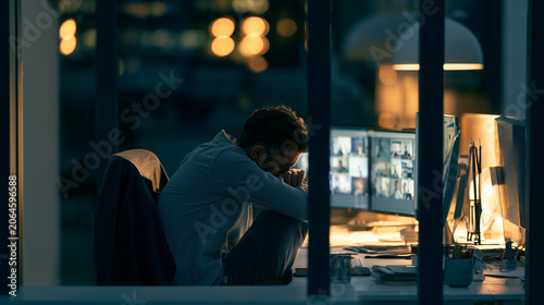 Office worker trapped between virtual meetings and impossible deadlines , burnout work , sad work, work late, alone man working in the office, photo style