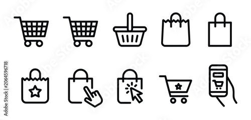 Schilderij op canvas Shopping bag and cart outline icon vector set, online purchase symbols, trolley