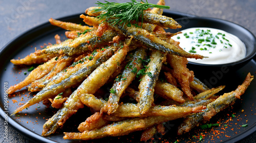 Crispy deep-fried small fish served with creamy dipping sauce