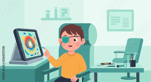 Child's eye exam: young boy with patch checks vision on screen