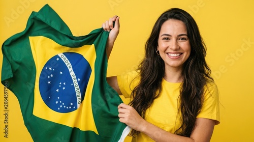 Smiling young woman holding brazilian flag against yellow studio background