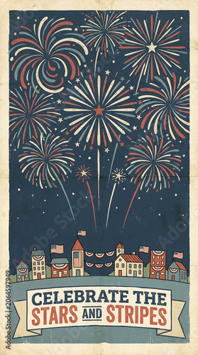 Hand Drawn Fireworks Filling The Sky Above Tiny Town