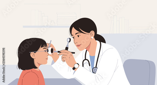 Pediatrician examining young girl's eyes with ophthalmoscope during checkup