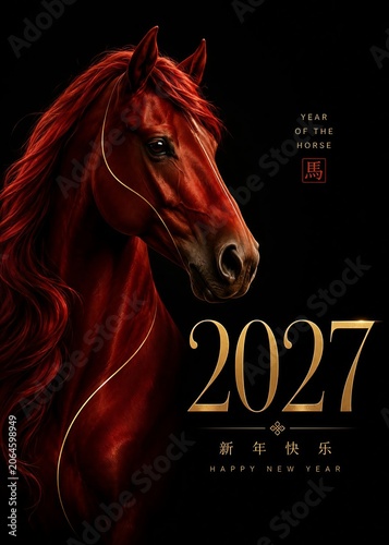 Year of the Horse 2027 Luxury Chinese New Year Poster with Elegant Red Horse and Golden Typography