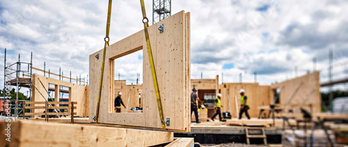 Wooden panel construction with crane lifting prefabricated wall panel at active building site with workers