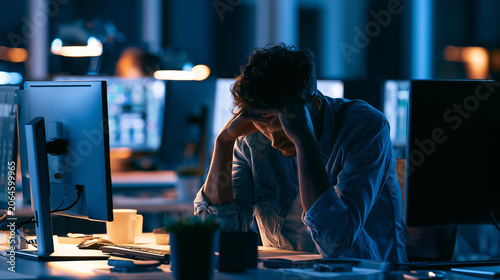 Burned-out professional alone at desk surrounded by screens in a dark modern office , burnout work , sad work, work late, alone man working in the office, photo style