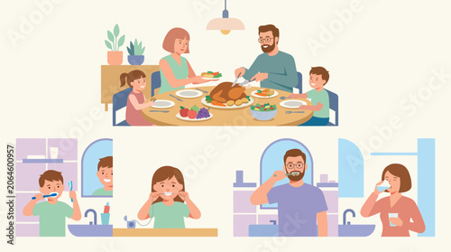 Foto Family mealtime and diverse people brushing their teeth.