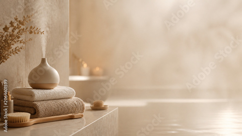 Warm spa bathroom scene with an aromatherapy diffuser, folded towels, bath brush, candles, and soft beige wellness decor.