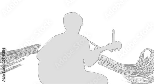 Person sitting with saxophone and wicker basket on transparent background