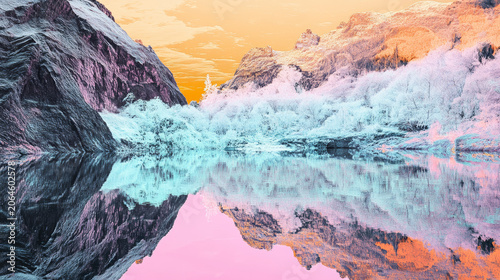Dreamlike mountain landscape with colorful infrared tones, reflective water and dramatic sky. Surreal nature scenery with vibrant trees and tranquil atmosphere.