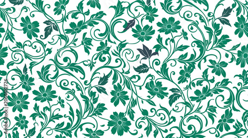 Decorative floral seamless pattern with green vines and flowers on white background