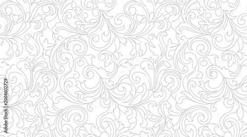 Obraz na plátně Elegant damask seamless pattern with floral swirls on white background, victoria