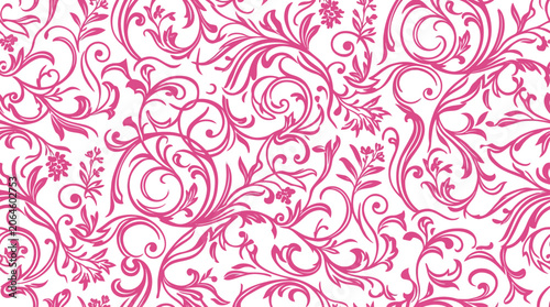 Seamless floral pattern with pink swirls and leaves on white background, vector graphic element.