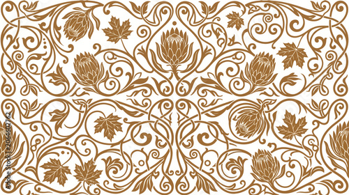 Ornate floral vine pattern with thistle and maple leaf motifs in brown on white