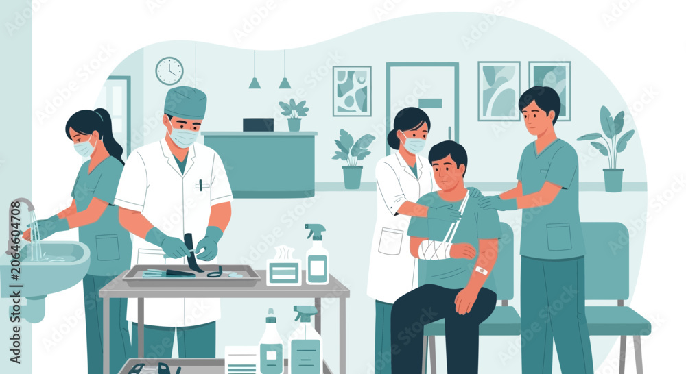 Fototapeta premium Medical care team tending to injured patient in hospital waiting room.