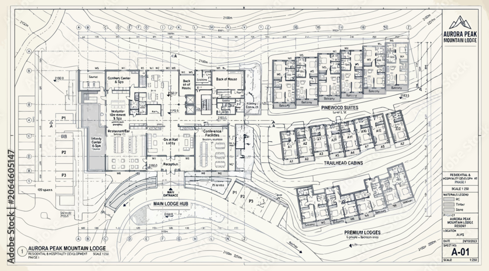 Fototapeta premium Architectural floor plan and site layout for winter peak mountain lodge