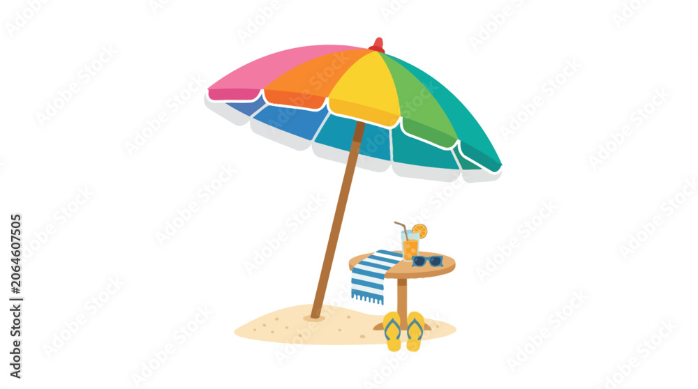 Fototapeta premium Colorful beach umbrella with towel and flip flops.