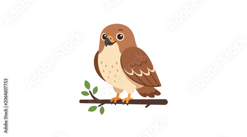 Brown hawk bird perched on a wooden tree branch.