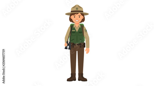 Female park ranger in professional uniform with binoculars.