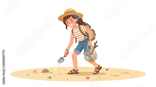 Young girl collecting beach trash to protect marine life.