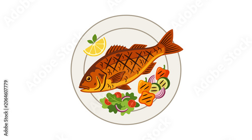 Grilled whole fish served with fresh salad on plate.
