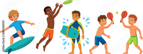 Foto Cute Cartoon Boys Beach Sports Vector Character Set Featuring Surfing, Catching