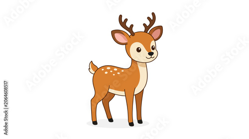 Cute cartoon fawn deer with spots standing on white.