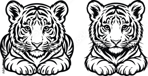 Obraz na płótnie Two Tiger Faces Detailed Line Art Silhouette