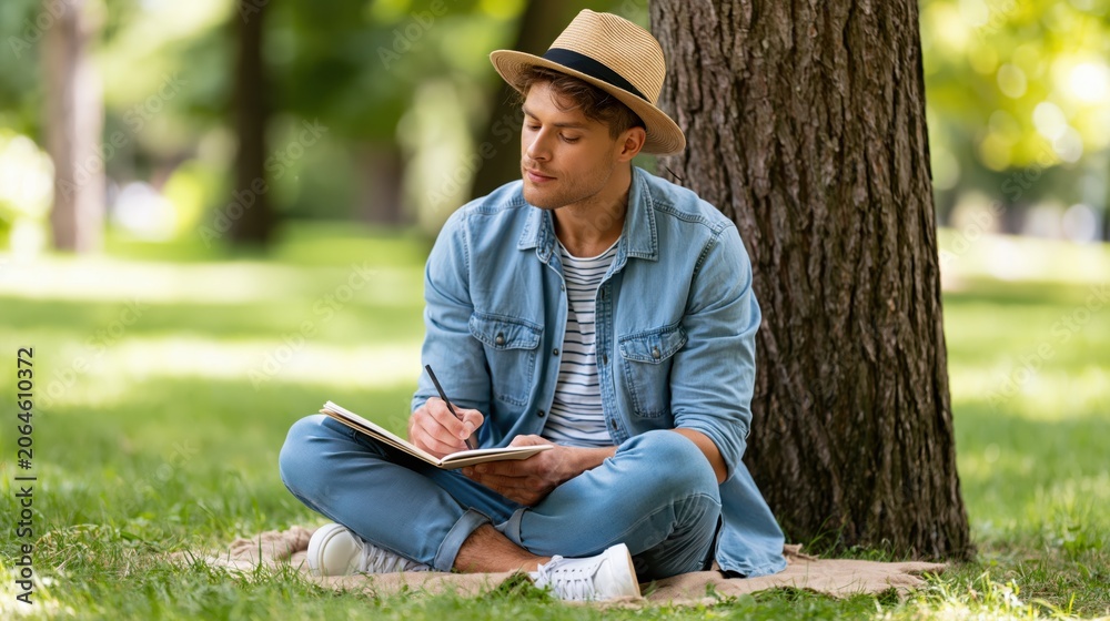 Obraz premium Young man sketching in a notebook while sitting under a tree in a park