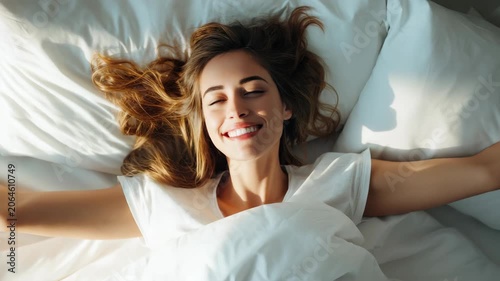 Sunlight streams through curtains, warming a woman's face. She smiles softly, arms raised above her head. White sheets cradle her, suggesting fresh start. Hair flows loosely, relaxed and unbound