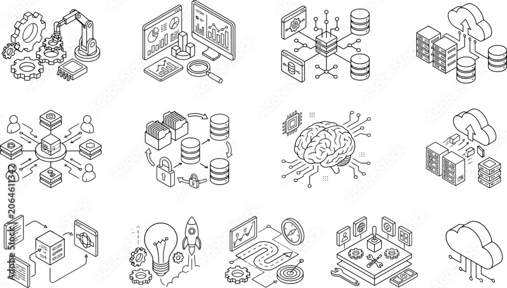 Fototapeta premium Set of isometric icons representing technology, data science, artificial intelligence and cloud computing