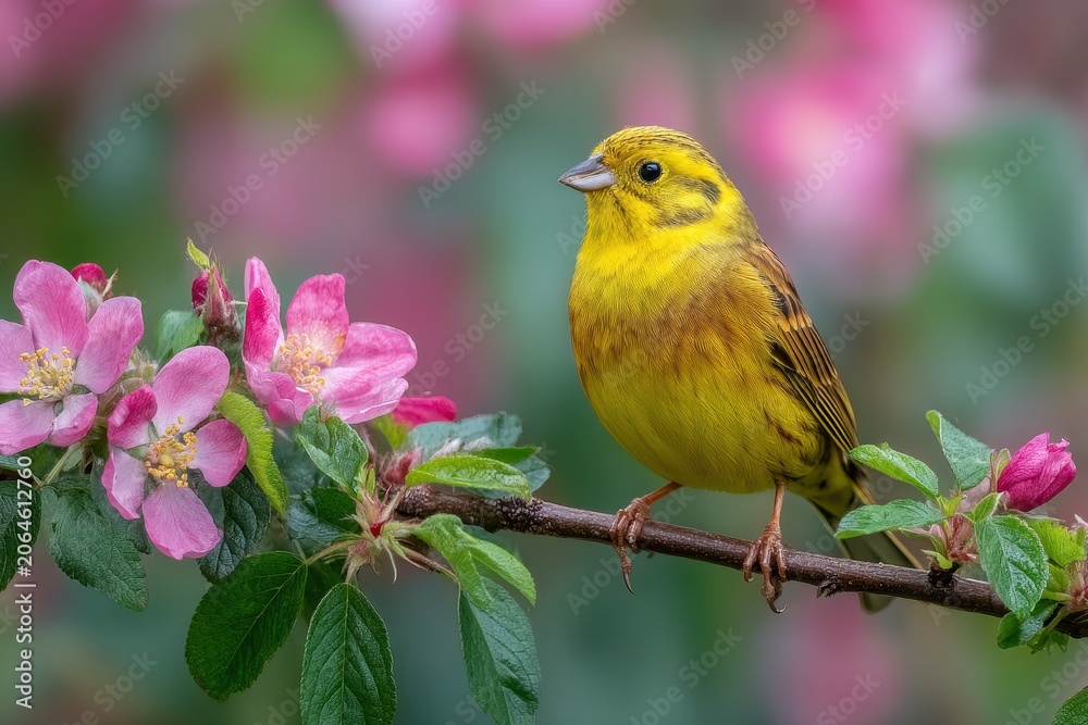Obraz premium Close-up of a bright yellow songbird resting on pink rose blossoms