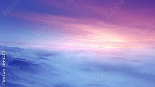 Dreamlike snow-covered mountain landscape beneath a colorful sunrise sky with soft mist and glowing light, creating a serene and majestic alpine panorama.