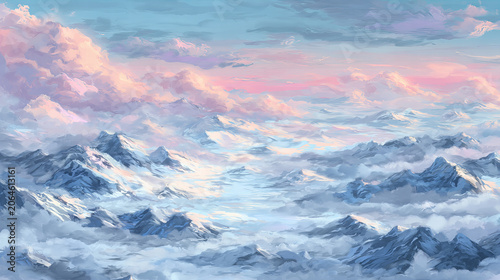 Dreamlike snow-covered mountain landscape beneath a colorful sunrise sky with soft mist and glowing light, creating a serene and majestic alpine panorama.