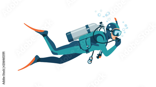 Obraz na płótnie Scuba diver swimming underwater with full gear illustration.