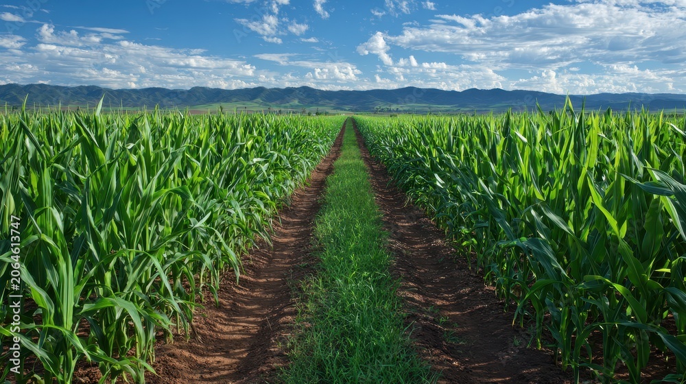 Fototapeta premium Vast farmland scene: lush corn stalks and a grassy corridor