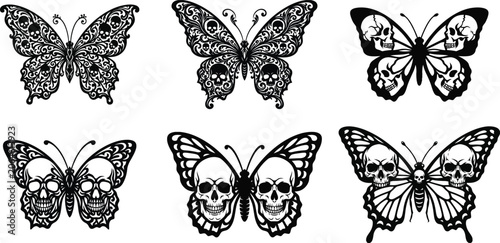 Black and white butterfly with skull wings intricate design illustration