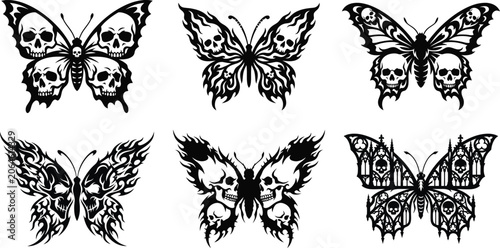 Skull pattern butterflies in dark vector illustration style