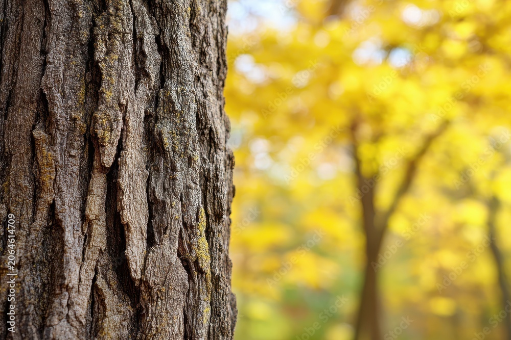 Fototapeta premium Rugged tree bark detail against a soft blur of yellow fall foliage