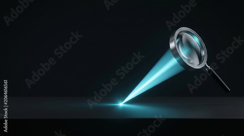 Magnifying glass focusing light beam on dark surface