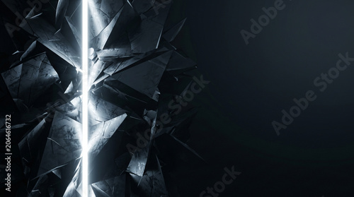 Abstract metallic structure with vertical light beam