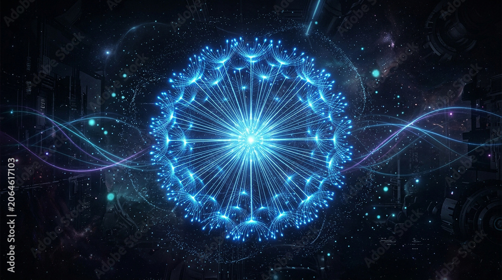 Obraz premium Futuristic glowing blue dandelion sphere in cosmic background