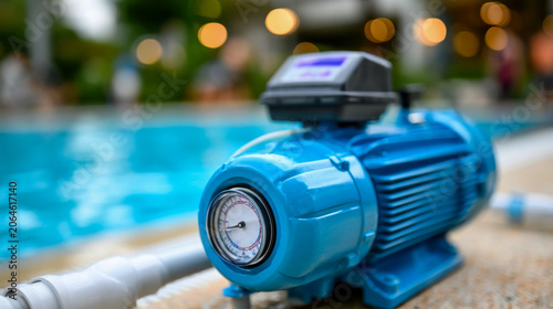Blue pool pump and sand filter system beside swimming pool, showing water purification, pressure control, maintenance, and backyard leisure