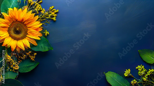 Decorative sunflower floral border with vibrant blooms and green foliage, creating an elegant botanical background with copy space for seasonal, wedding or greeting designs.