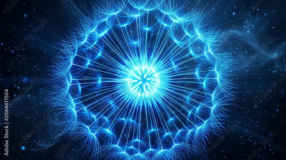 Obraz premium Neon blue dandelion bloom with glowing particles flying