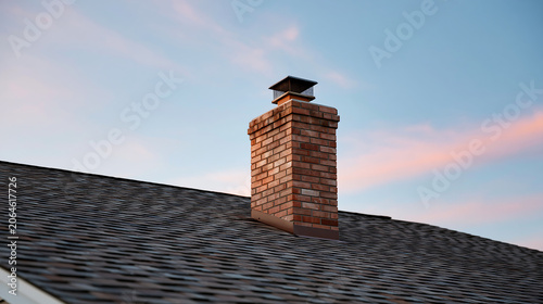 residential house roof featuring brick chimney and shingles representing traditional architecture and home exterior construction