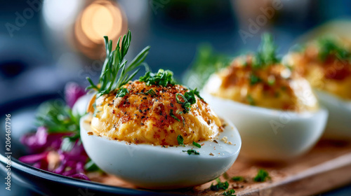 Gourmet deviled eggs with herbs, spices, and dill on a wooden board, ideal for appetizer, brunch, catering, and savory food concepts
