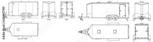Enclosed Cargo Trailer Technical Blueprint With Multiple Orthographic Views and Exterior Details